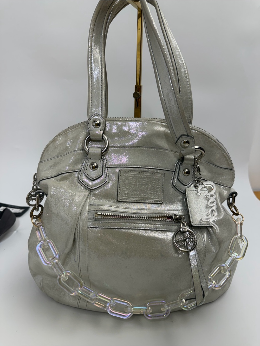 Coach Silver Metallic Shoulder Bag with Iridescent Chain